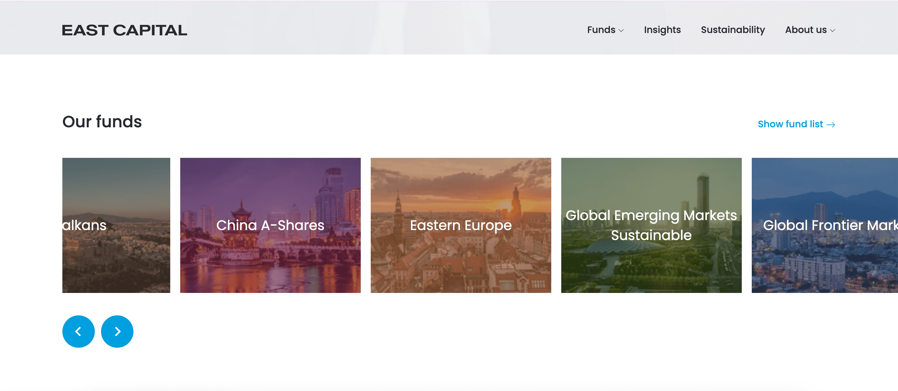 Screenshot of the funds page on the East Capital website.
