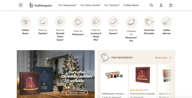 Screenshot of the Kaffekapslen homepage.