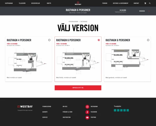 A screenshot from the Westbay website showing the process of choosing among the options.